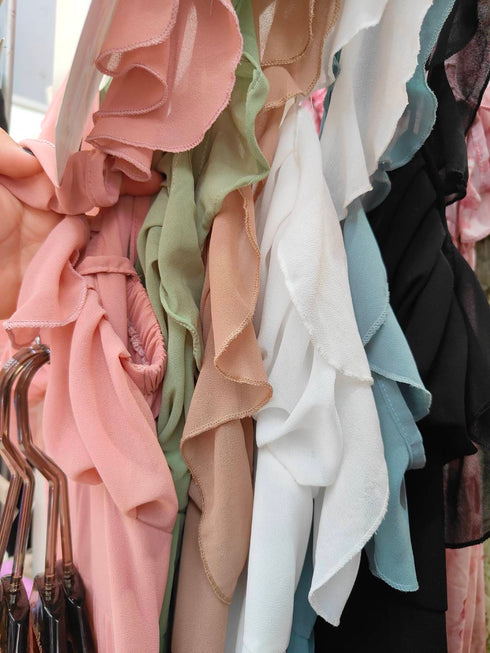 Summer Solid Color Deep V-Neck Layer Flounce Dresses